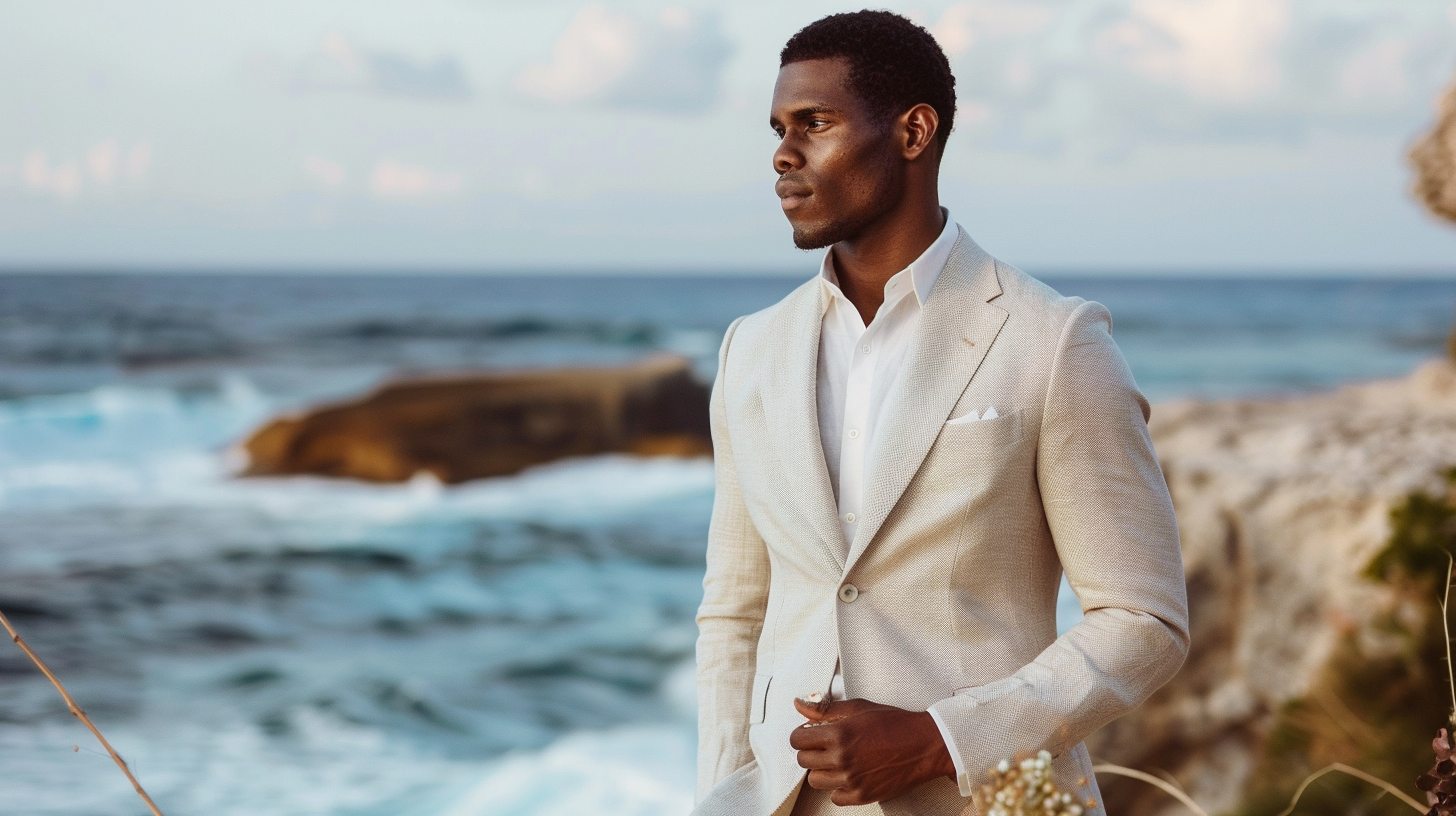 Man wearing a lightweight linen or cotton suit in beige or light blue, styled for a summer or beach wedding, no tie, relaxed yet polished vibe.