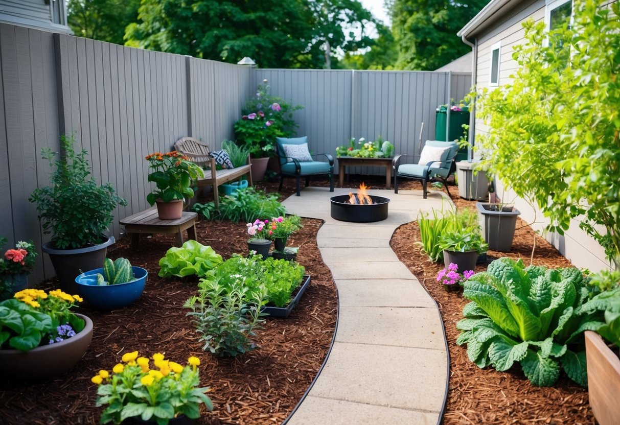 A small backyard with a mix of flower beds, mulched walkways, a small vegetable garden, and a seating area with a fire pit