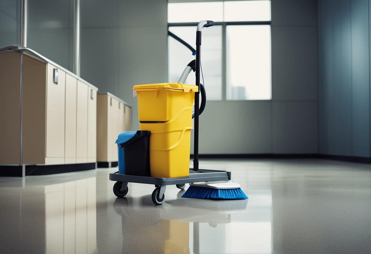 A janitorial cart with cleaning supplies and a vacuum next to a soiled office carpet with visible stains and dirt