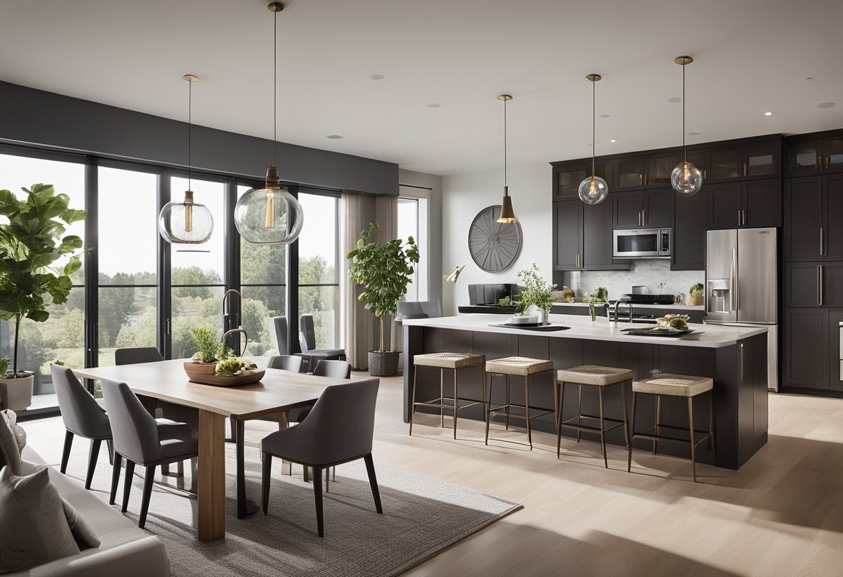 A spacious living room flows seamlessly into a modern kitchen and dining area, with natural light flooding in from large windows and an unobstructed view of the entire open-concept floor plan