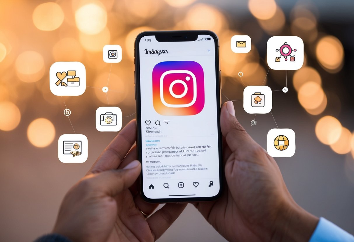 Um smartphone com o Instagram aberto, cercado por ícones de colaboração e promoção