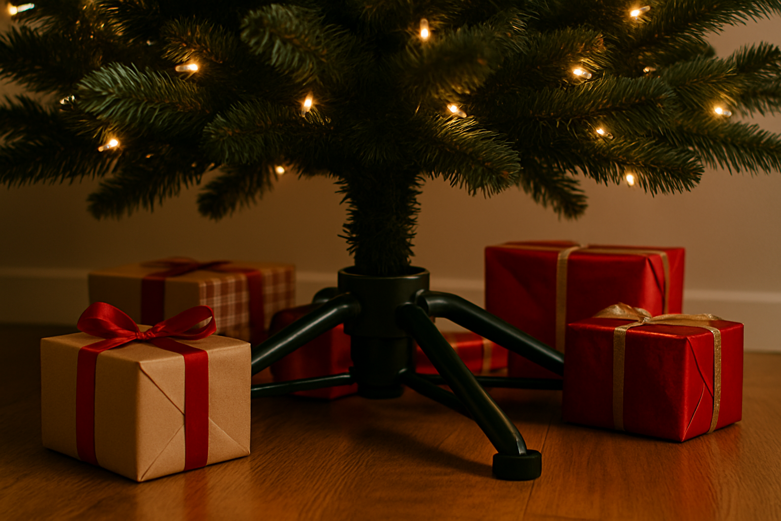 Bottom of an artificial Christmas tree with a sturdy base and wrapped gifts.