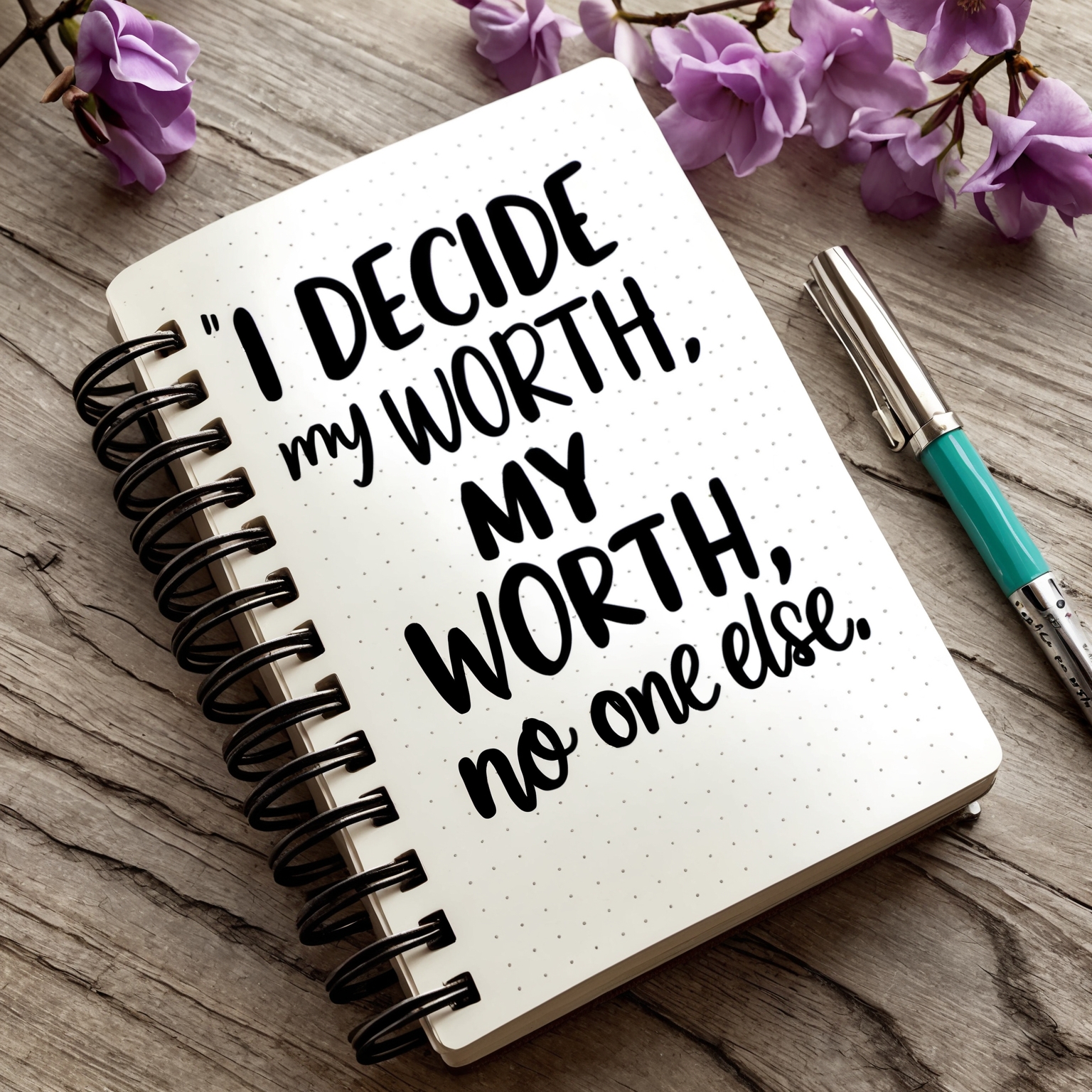 A journal with a written affirmation: “I decide my worth, no one else” – A visual representation of self-affirmation.