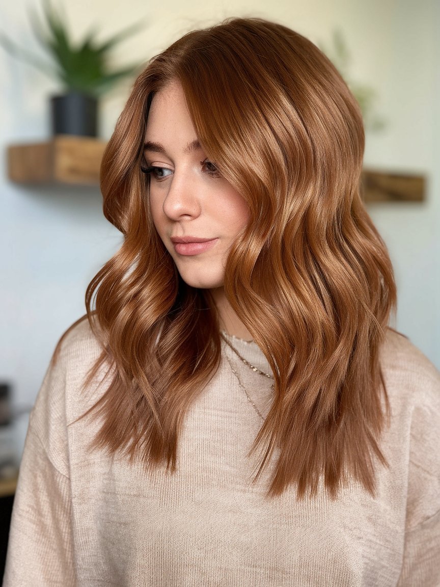 23. Caramel Copper Wavy Lob with Layered Highlights