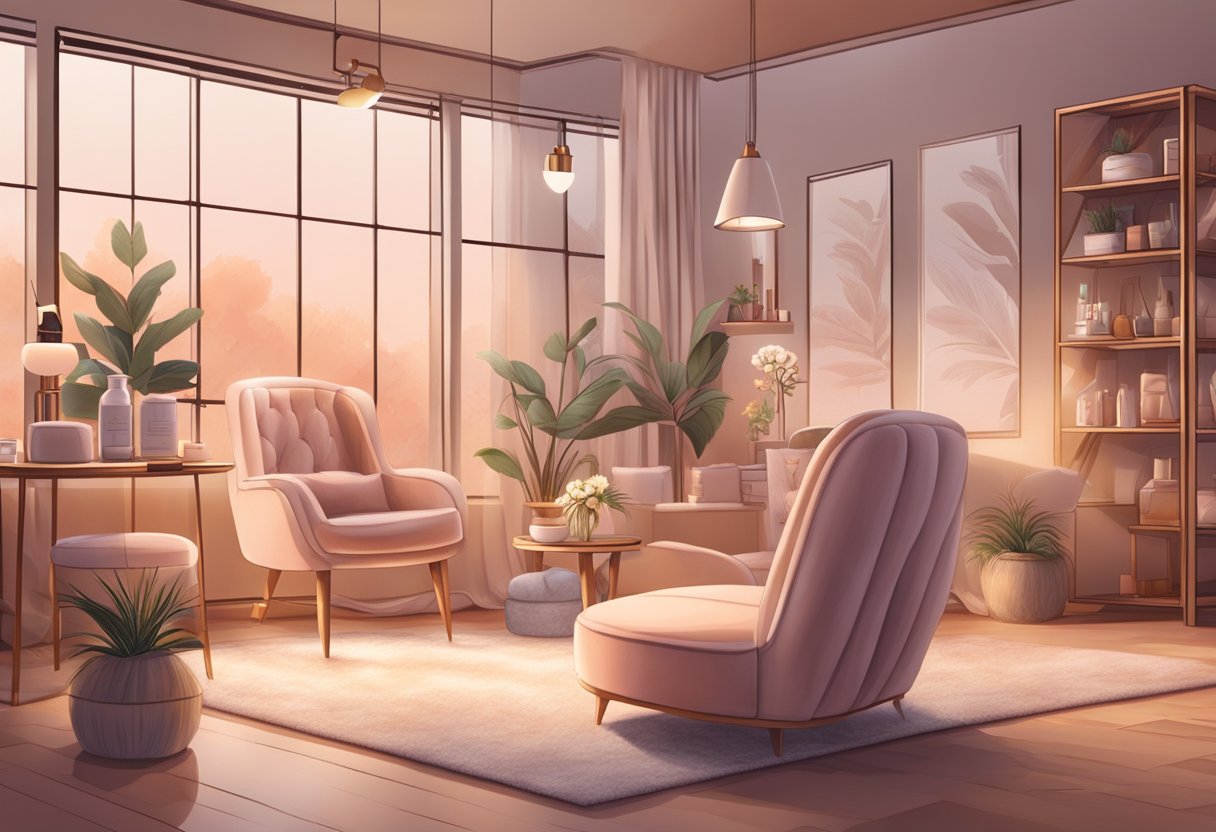 A cozy studio with plush chairs and soft lighting, showcasing various lash enhancement products and price lists