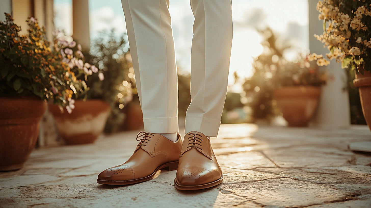 A man wearing a white suit paired with tan or beige dress shoes, creating a light, airy look that’s perfect for warm-weather events. The tan or beige shoes offer a subtle contrast to the white suit, enhancing the fresh, relaxed vibe of the outfit. Ideal for summer weddings, garden parties, or daytime events, this combination exudes effortless style and sophistication. The groom or guest stands in a sunny outdoor setting, with the soft tones of the shoes and suit blending beautifully in a polished yet laid-back manner.