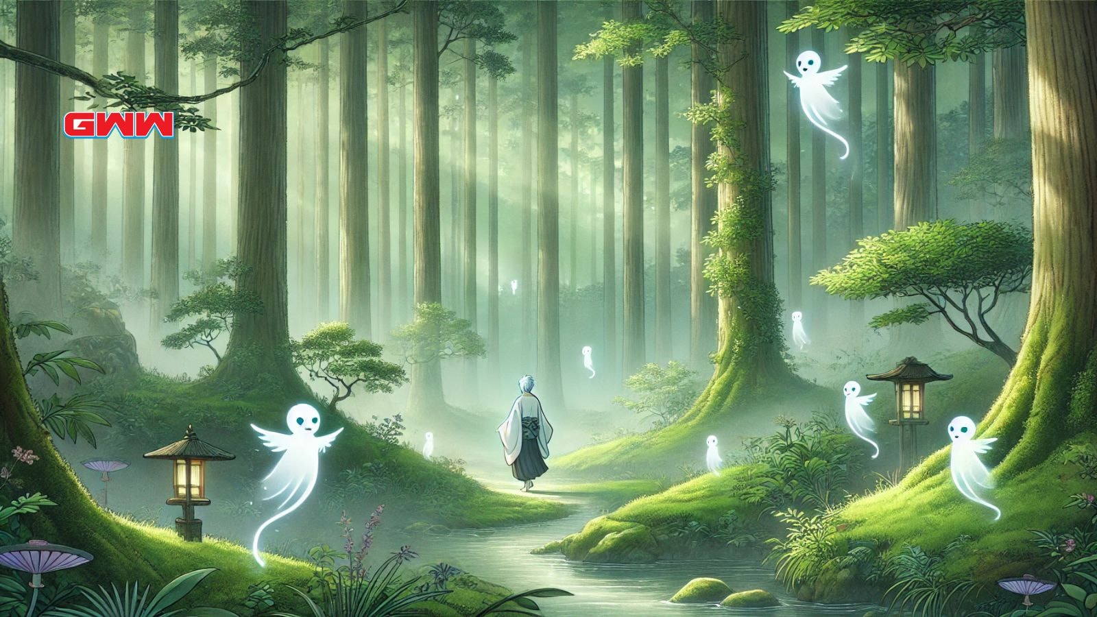 Natsume walks in magical forest surrounded by floating spirits