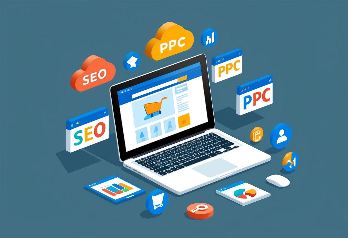 A laptop with an ecommerce site open, surrounded by SEO and PPC icons
