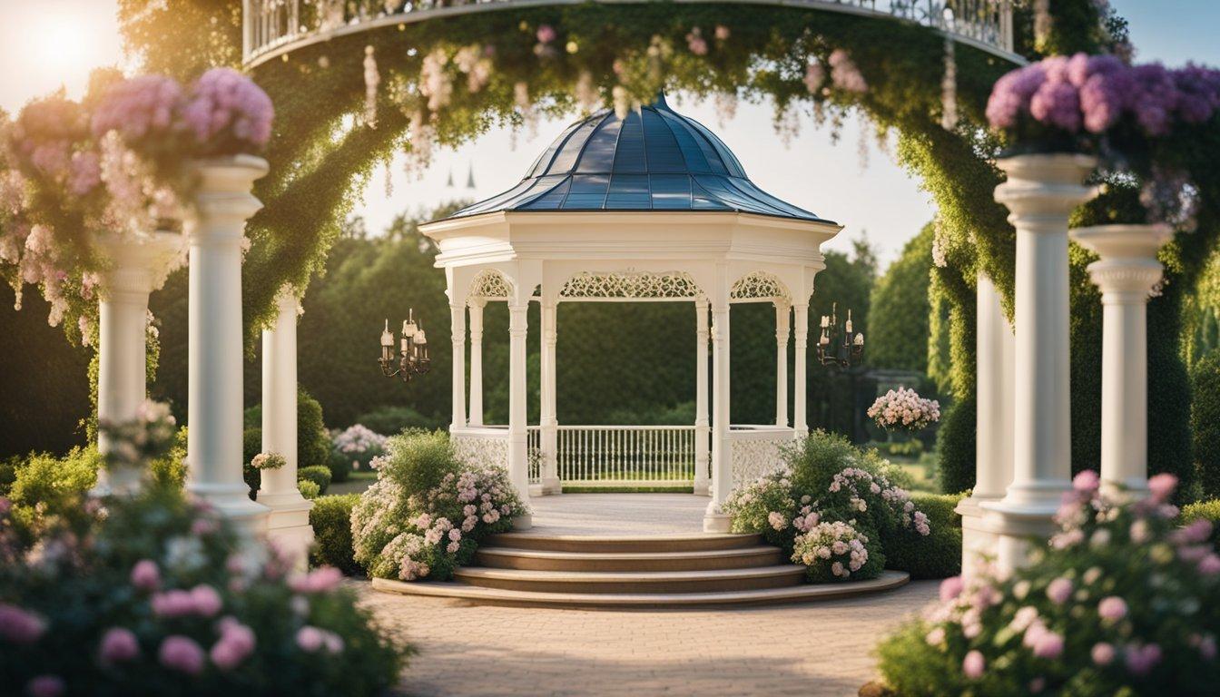 A lush garden with blooming flowers and a charming gazebo contrasts with an elegant ballroom adorned with chandeliers and draped in luxurious fabrics