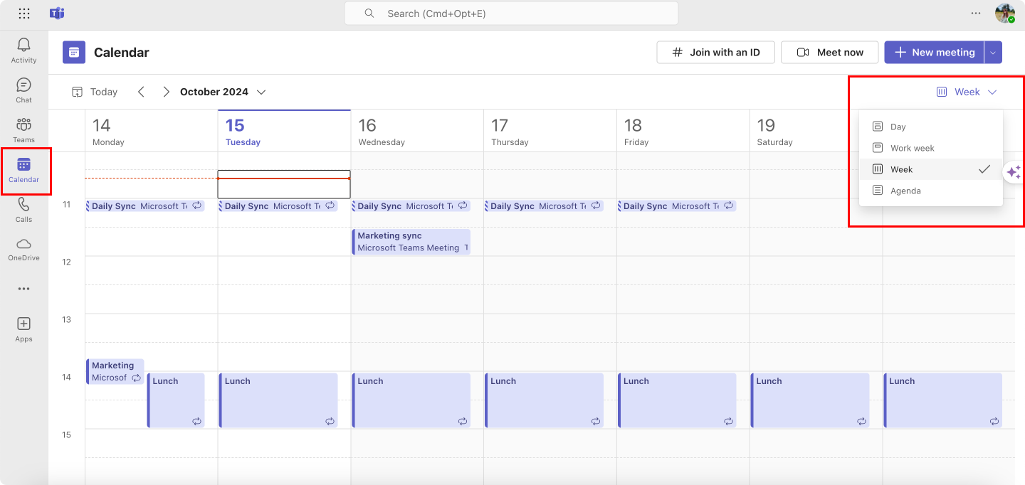 Switching between calendar views in Microsoft Teams.