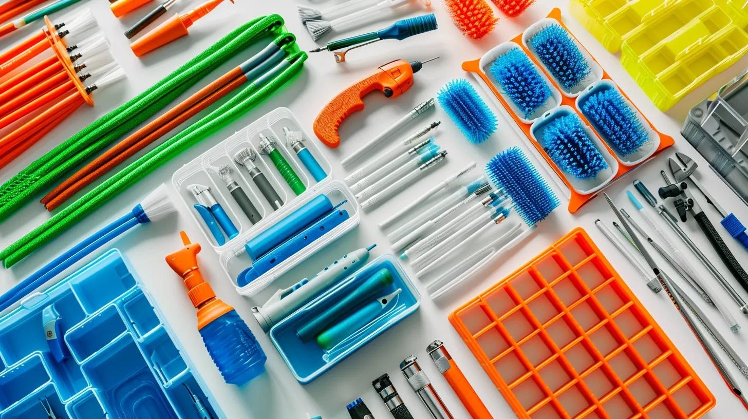 a meticulously organised fibre optic cleaning kit, displaying neatly arranged tools in vibrant colours against a crisp white background, highlighting efficiency and accessibility.