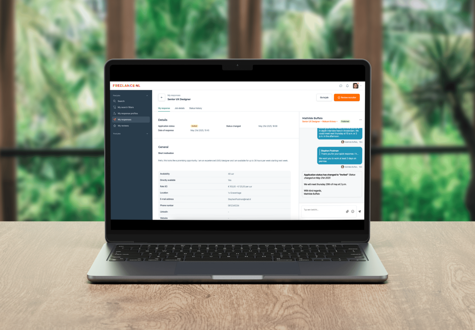 Freelance.nl platform user interface implemented with TalkJS, shown on a laptop on a table overlooking a garden.