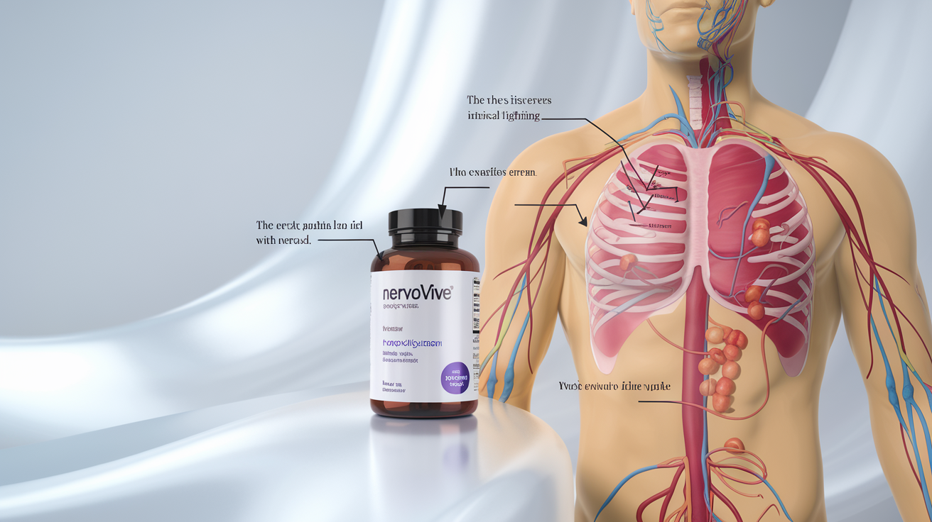 Create a realistic image of a bottle of Nervovive supplements next to an anatomical illustration of the human nervous system, with informational arrows pointing to key areas showing how the supplement's ingredients interact with nerves, displayed on a clean white surface with soft, clinical lighting that conveys a scientific and educational mood.