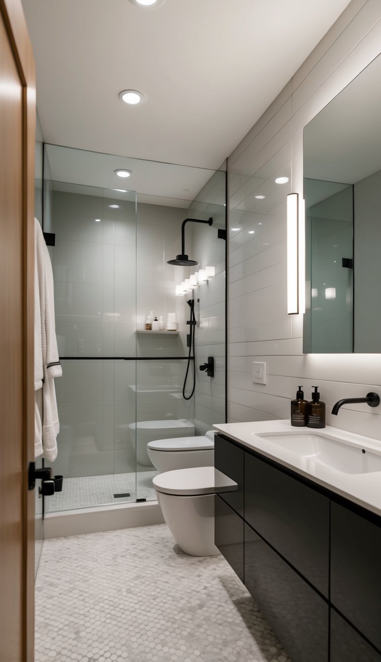 A modern bathroom with high gloss shiplap walls, sleek fixtures, and minimalist decor