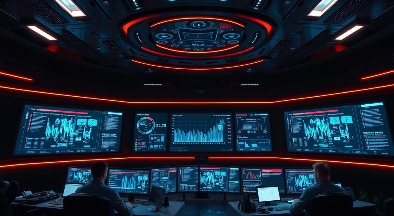 A futuristic control room filled with multiple large screens displaying real-time network data, cybersecurity metrics, and live threat alerts, sleek modern design with glowing LED accents, professionals monitoring the data intensely, dark ambient lighting contrasting with the bright screens, a sense of urgency and precision in the air.