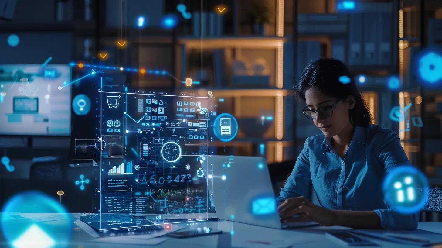 A modern workspace shows an AI assistant interface highlighting potential leads and engagement scores on a laptop screen, while a sales rep excitedly takes notes—floating icons of automation, analytics, and targeting illustrate the intelligent lead-scoring process.