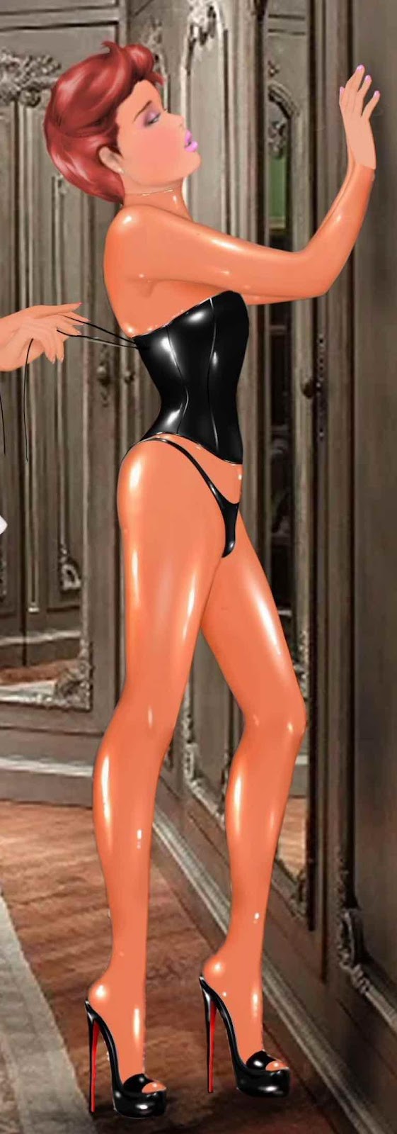 A mannequin wearing a black and orange leotard

Description automatically generated