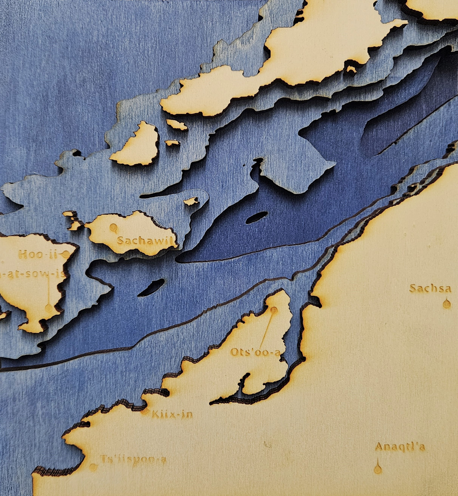 A lasercut map of the area around Bamfield, BC.