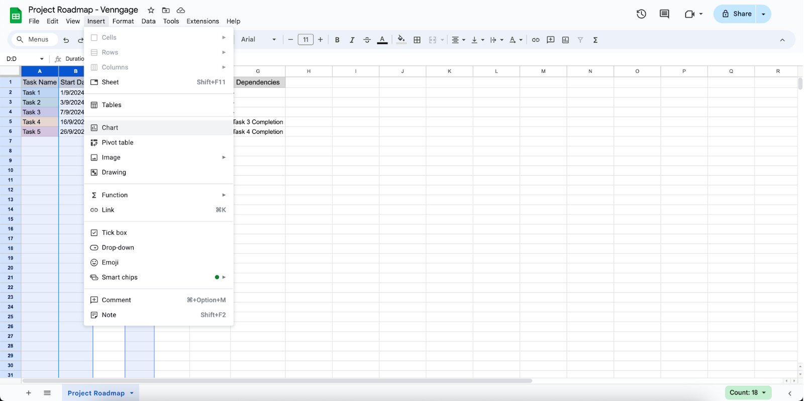 Inserting chart on Google Sheets