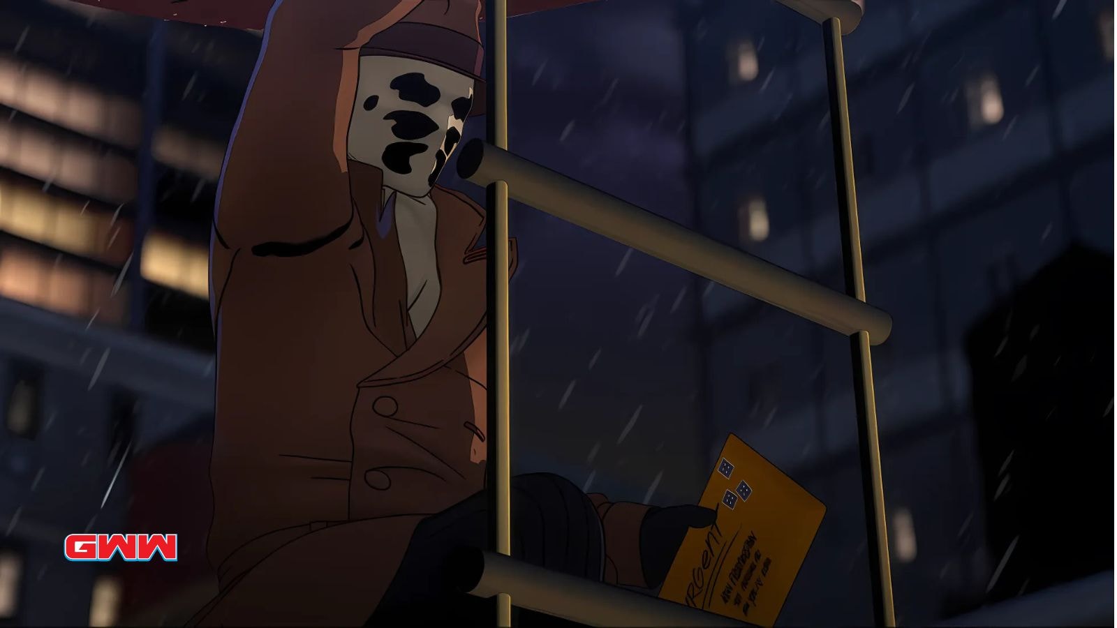 Rorschach climbing with evidence in rain from Watchmen Chapter 2