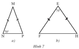 CHƯƠNG 8: TAM GIÁCBÀI 3: TAM GIÁC CÂN1. TAM GIÁC CÂNBài 1: Gấp đôi một tờ giấy hình chữ nhật ABCD theo đường gấp MS. Cắt hình gấp được theo đường chéo AS rồi trải phẳng hình cắt được ra ta có tam giác SAB (Hình 1). Em hãy so sánh hai cạnh SA và SB của tam giác này.Đáp án chuẩn:SA = SB.Thực hành 1: Tìm các tam giác cân trong Hình 4. Kể tên các cạnh bên, cạnh đáy, góc ở đỉnh, góc ở đáy của mỗi tam giác cân đó.Đáp án chuẩn:Tam giác cânCạnh bênCạnh đáyGóc ở đỉnhGóc ở đáyΔMHPMP = MHHPHMPMPH,MHP.ΔMEFME = MFEFEMFMEF, MFE.ΔMNPMN = MPNPNMPMNP, MPN..2. TÍNH CHẤT CỦA TAM GIÁC CÂNBài 2: Cho tam giác cân ABC cân tại A (Hình 5). Gọi M là trung điểm cạnh BC. Nối A với M. Em hãy làm theo gợi ý sau để chứng minh ABC=ACBXét ΔAMB và ΔAMC có:AB = ? (?)MB = MC (?)AM là cạnh ?Vậy ΔAMB=ΔAMC (c.c.c).Suy ra ABC=ACB Đáp án chuẩn:ΔAMB=ΔAMC (c.c.c).ABC=ACB.Thực hành 2:  Tìm số đo các góc chưa biết của mỗi tam giác trong Hình 7.Đáp án chuẩn:P=700; M=400; F=H=550Vận dụng 1: Trong hình mái nhà ở Hình 8, tính góc B và góc C, biết  A = 110°Đáp án chuẩn: B = C = 350Bài 3: Cho tam giác ABC có  A   =  C. Vẽ đường thẳng đi qua điểm B, vuông góc với AC và cắt AC tại H (Hình 9). Em hãy làm theo gợi ý sau để chứng minh BA = BC.Đáp án chuẩn:Xét  và  cùng vuông tại H, ta có:BH là cạnh góc vuông ; ABH=CBH Vậy . Suy ra BA = BC.Thực hành 3: Tìm các tam giác cân trong Hình 11 và đánh dấu các cạnh bằng nhau.Đáp án chuẩn: cân tại A,  cân tại NVận dụng 2: Cho tam giác ABC cân tại A có góc B bằng 60o. Chứng minh rằng tam giác ABC đều.Đáp án chuẩn:+) BAC=BCA=60o. ΔABC cân tại B BA = BC.Theo chứng minh trên: AB = AC = BC  ΔABC tam giác đều (đpcm).BÀI TẬP