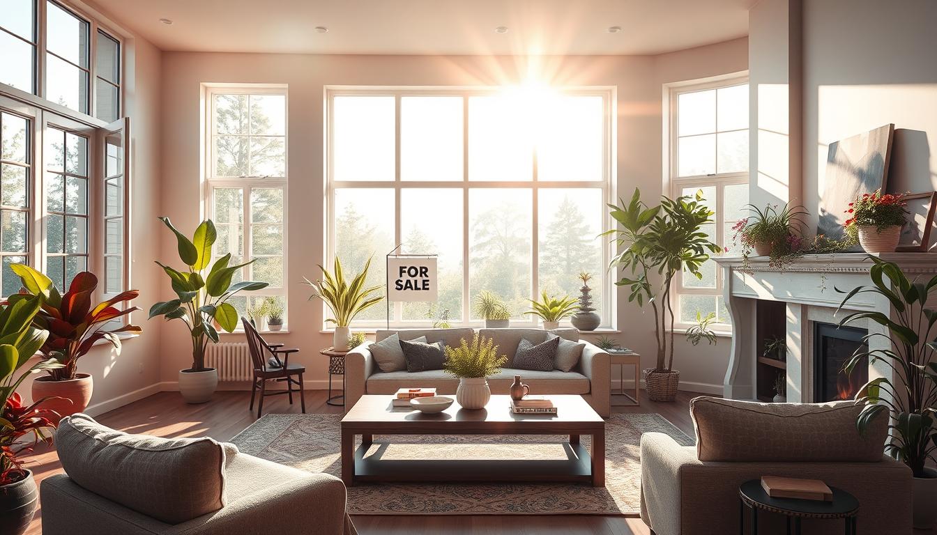 A serene living room with sunlight streaming through large windows, a "For Sale" sign gently swaying in the breeze outside, vibrant plants in the corners, a cozy fireplace, and a welcoming atmosphere that radiates warmth and positivity, symbolizing abundance and successful home selling.