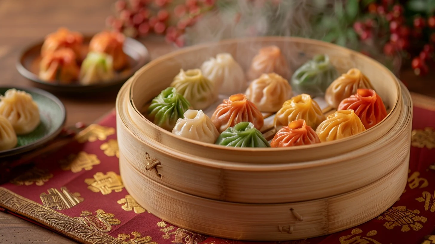 This captivating image showcases a traditional bamboo steamer brimming with an assortment of beautifully crafted dumplings. Each dumpling is meticulously shaped and comes in an array of enticing colors, enhancing not only the visual appeal but suggesting a variety of distinct flavors. The steam rising from the container adds a touch of warmth, indicating the freshness and readiness to be enjoyed. Set against a backdrop of a richly textured wooden table and subtle decor, the presentation of these dumplings promises a delightful culinary experience.