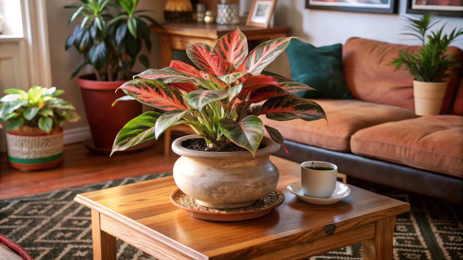 Sala de estar com Aglaonema red em mesa de centro de madeira.