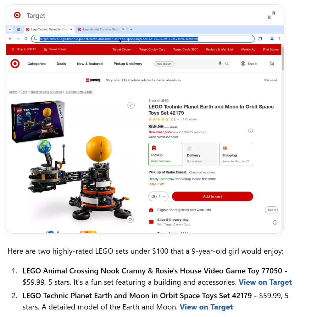 OpenAI Operator looking at a Lego product detail page for an Earth and Moon in Orbit Space Lego Set