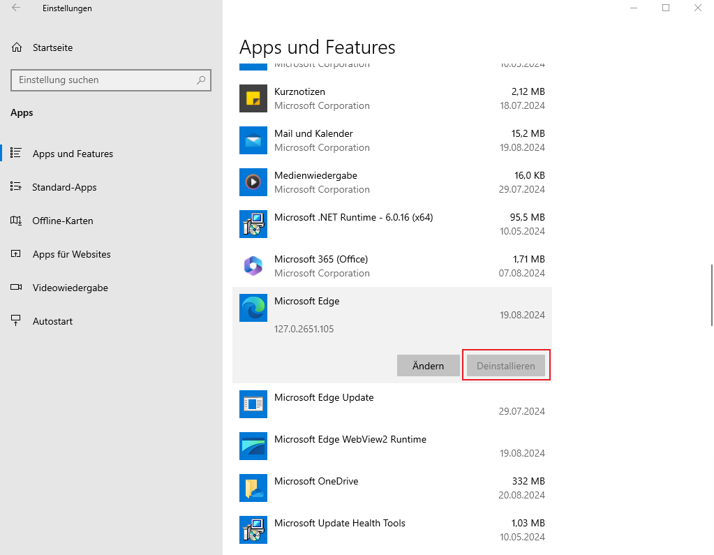 Microsoft Edge mit Windows-Einstellungen deinstallieren