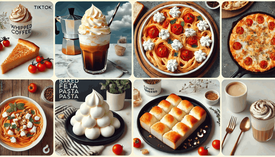 A collage of popular TikTok food trends, including whipped coffee, baked feta pasta, and cloud bread.