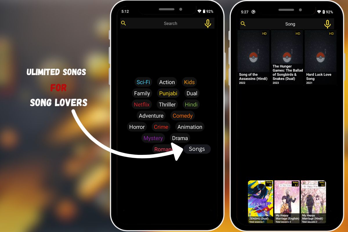 Mobile app interface displaying unlimited song options for music lovers, with easy navigation through categories.