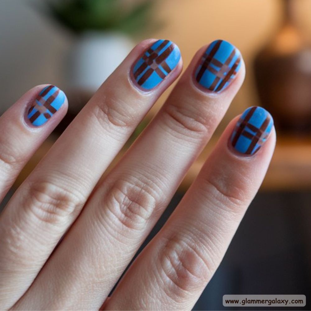 Blue and Brown Nails with Cozy Plaid Design