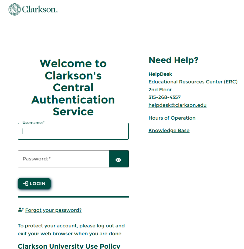 Welcome to Clarkson's Central Authentication Service. Enter Username and Password, Login. Help available at helpdesk@clarkson.edu.