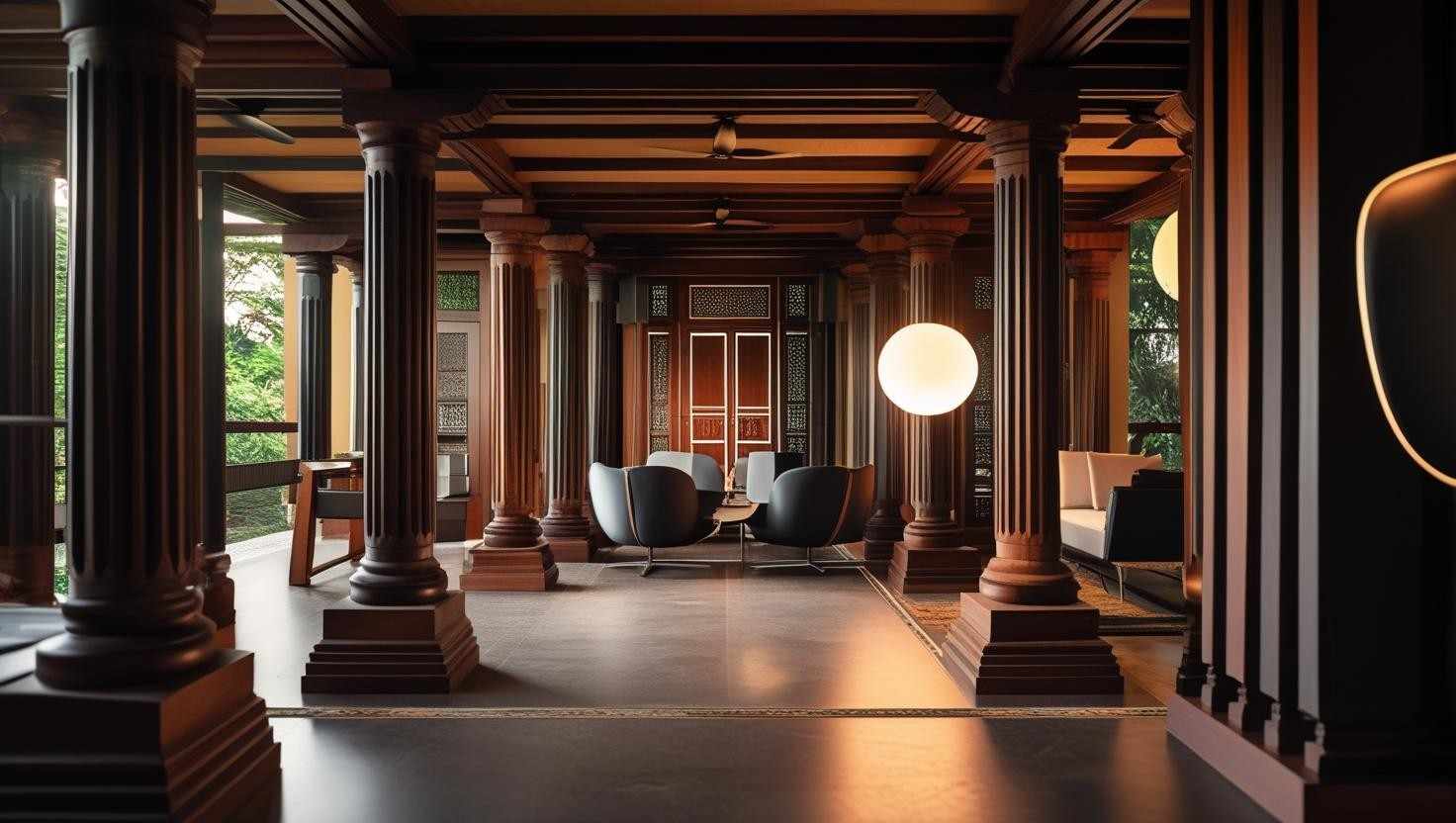 Transformed heritage home in Bangalore showing traditional pillars with modern furniture and lighting design by Elegante Interiors
