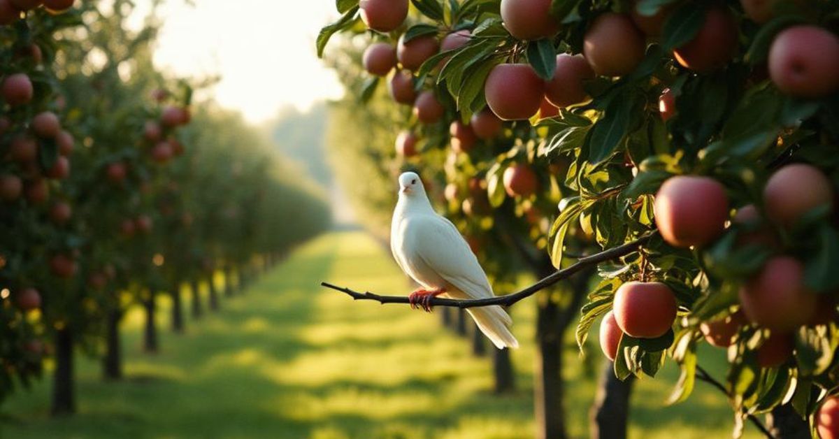 In an apple orchard, a white dove rests on a branch, embodying the essence of the Fruit of the Spirit: Gentleness.