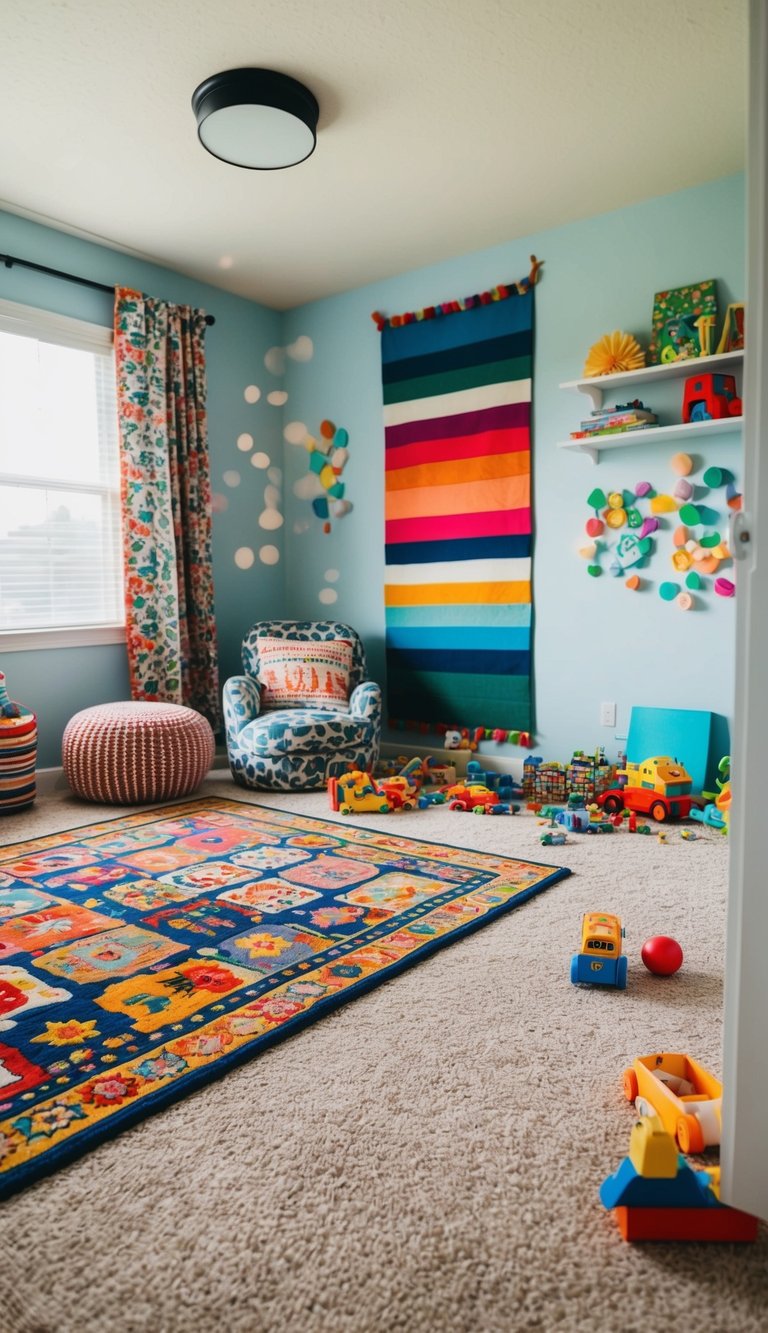 A cozy kids' bedroom with colorful patterned area rugs, scattered toys, and vibrant decor