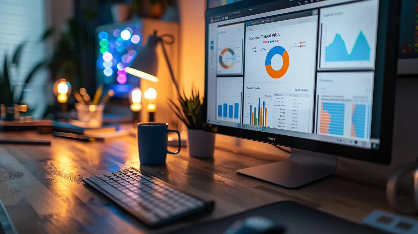 a modern office workspace featuring a sleek computer setup displaying a detailed seo checklist on the screen, surrounded by essential analytical tools and digital marketing resources, illuminated by soft, focused lighting to highlight the significance of meticulous website launch preparations.