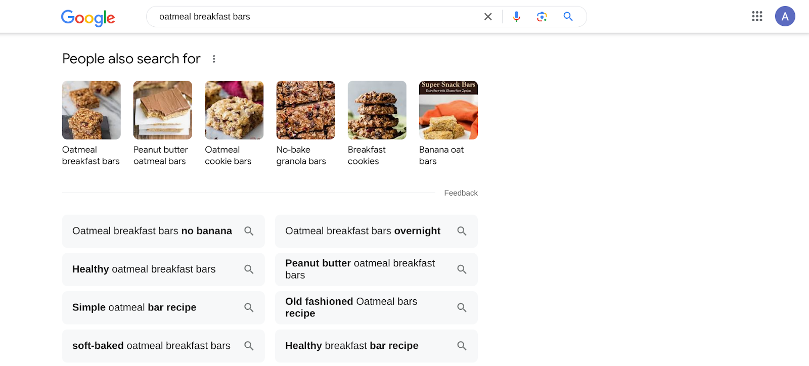 Screenshot from a Google search for the People also search for under the query term oatmeal breakfast bars as an exampe of keyword research for a freelance article outline.