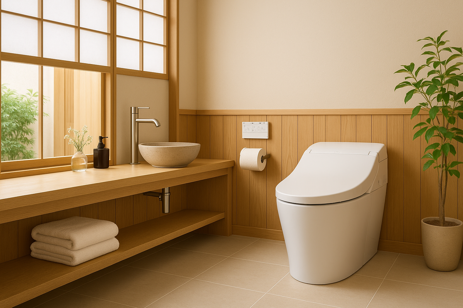 Modern Japanese bathroom with smart toilet and wooden design