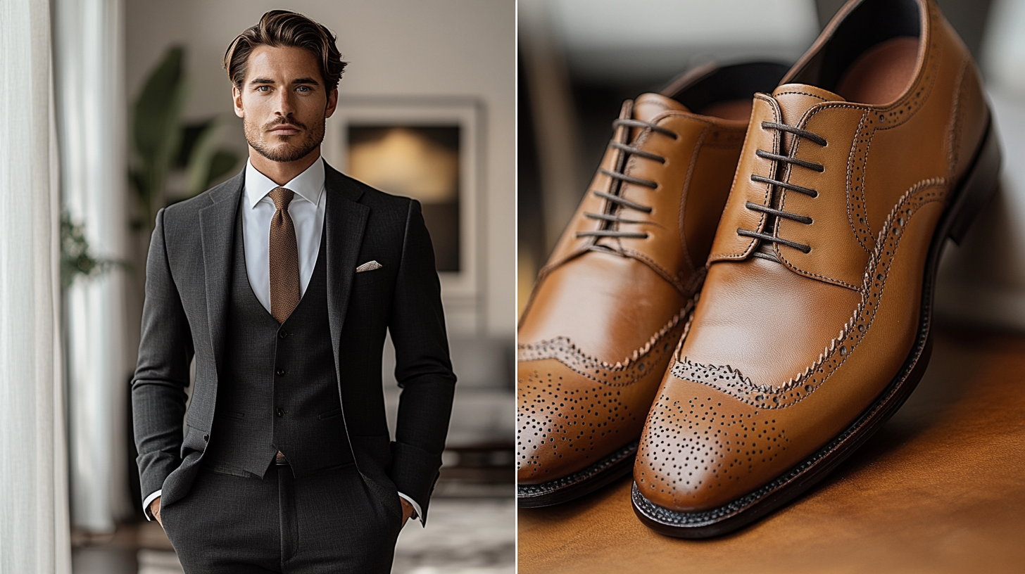 A split-screen fashion composition. On the left side, a fashionable man in a tailored black suit wears a very light brown dress shoes, creating a striking contrast. His confident stance and sharp outfit command attention, set against a clean, minimal background. On the right side, a close-up of the very light brown shoes reveals their texture, laces, and craftsmanship, emphasizing their bright, standout appearance. The lighting is soft yet crisp, adding a contemporary, editorial touch to the visual.