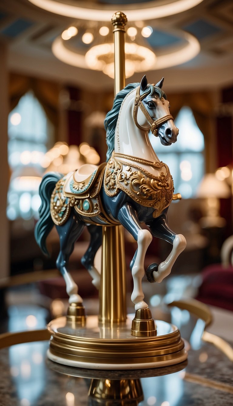 A majestic carousel horse stands in a luxurious kids bedroom at Harrods, adorned with intricate details and surrounded by opulent furnishings