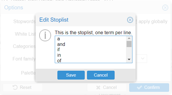 A screenshot of Voyant's "Edit Stoplist" window, featuring words like "a," "and," "if," etc.