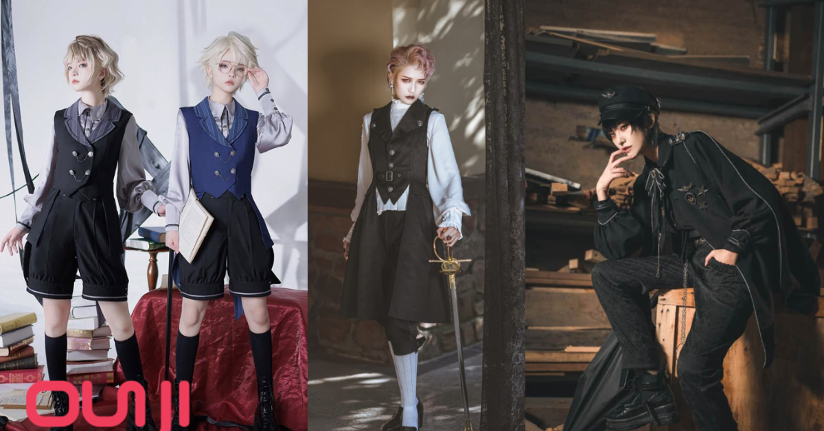 The image showcases three models wearing outfits inspired by the "ouji" or "prince" style of Japanese fashion. The first two models are standing in similar outfits, featuring black knee-length shorts, buttoned vests (one black, one blue), and light-colored shirts with puffy sleeves. The third model, posed in the background, is wearing a more elaborate outfit, including a high-collared shirt, a long black vest, and a black cape, complete with a military-style cap, exuding a vintage military aesthetic. The style combines a mix of masculine and feminine fashion elements.