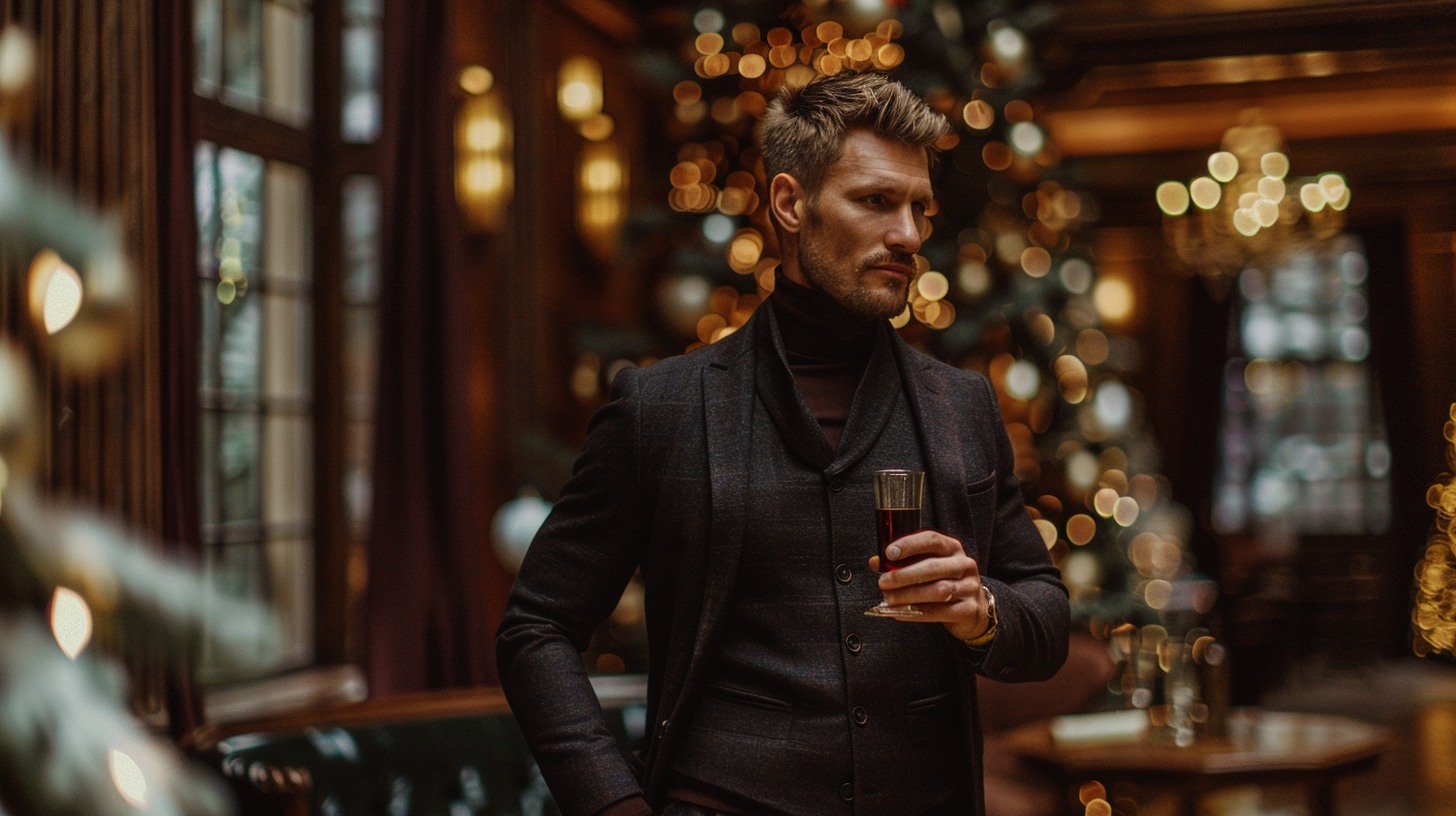 A man in a dark wool suit layered with a turtleneck or vest, standing in an elegant indoor venue with winter holiday decor, holding a drink, cozy yet formal vibe