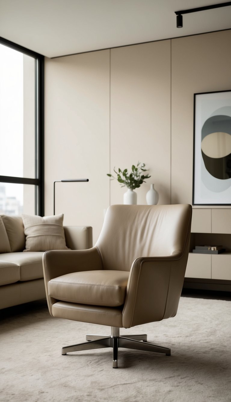 A beige leather swivel chair in a modern beige living room with clean lines and minimalist decor