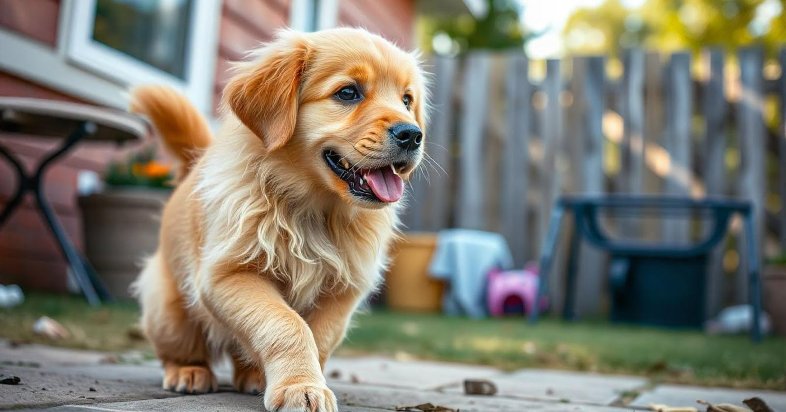 A cheerful golden retriever puppy walking on a patio, with a backyard setting in the background.