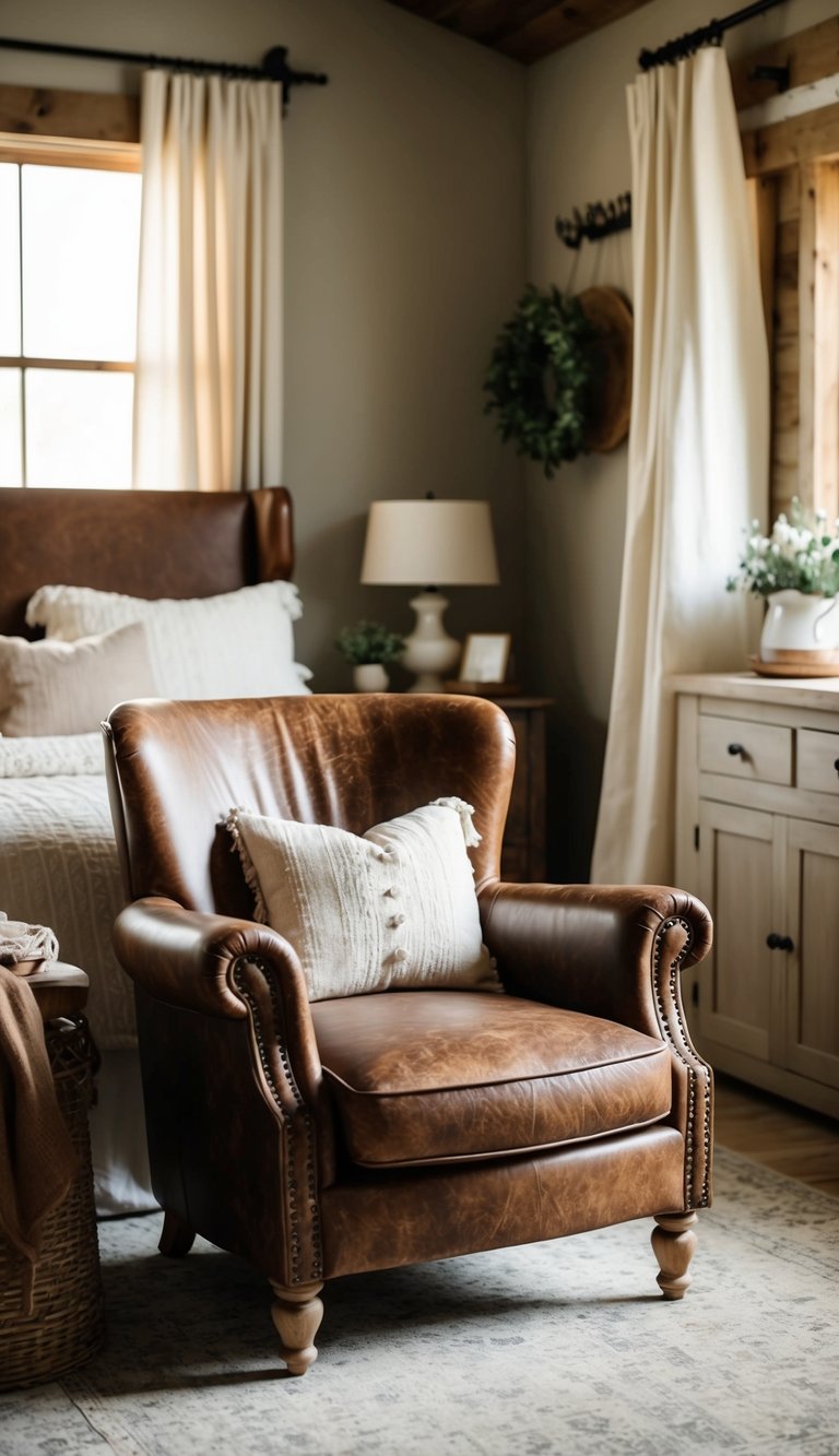 A distressed leather chair sits in a cozy farmhouse bedroom, surrounded by rustic decor and soft, muted colors