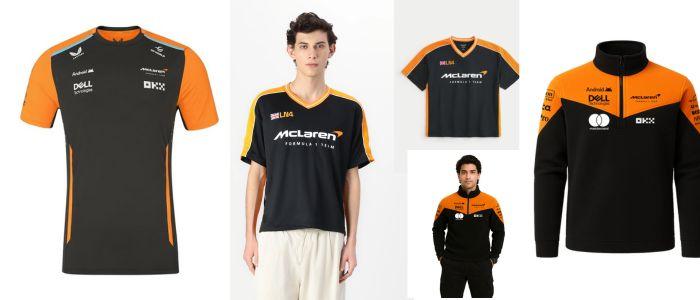 A triptych of Scuderia Ferrari F1 jerseys. Left, two men wearing red team shirts. Center, a flat lay of a red jersey with number 16. Right, a man modeling a red team shirt.