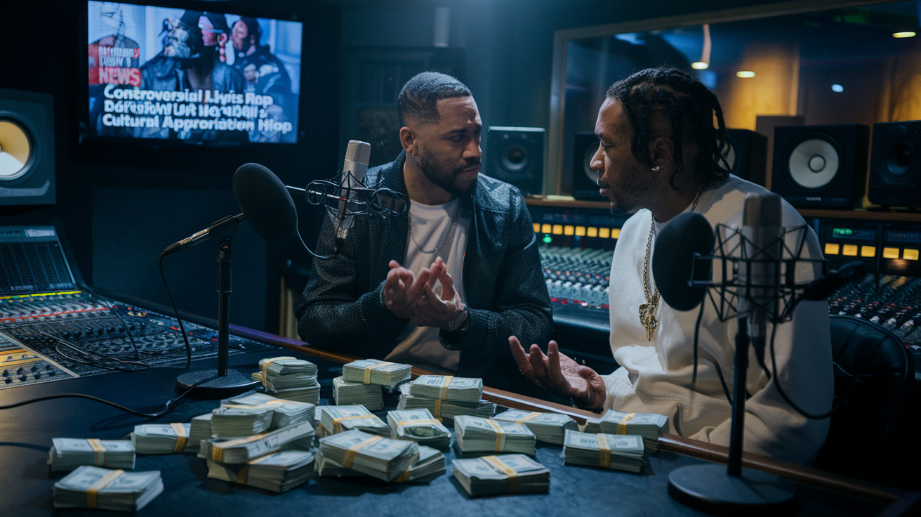 Create a realistic image of a dimly lit recording studio with two black male rappers engaged in a heated discussion, surrounded by microphones and sound equipment. In the background, a TV screen displays news headlines about controversial lyrics and cultural appropriation in hip hop. Scattered on a nearby table are stacks of cash, emphasizing the industry's commercialization. The overall atmosphere is tense and moody, reflecting the challenges and controversies in the hip hop world.